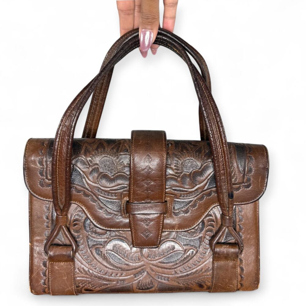 Vintage Tooled Leather Satchel Purse Flores Bags‎ Brown Boho Western Mexico